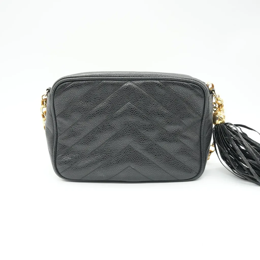 Chanel Vintage Camera Bag Chevron Black Leather Black Leather Fair - Back View