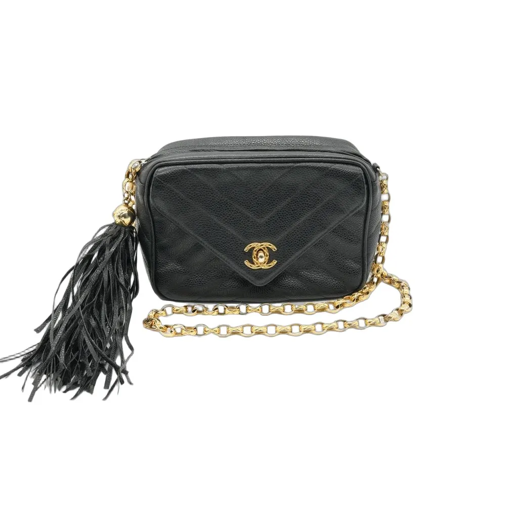 Chanel فينتاج Camera حقيبة Chevron أسود جلد