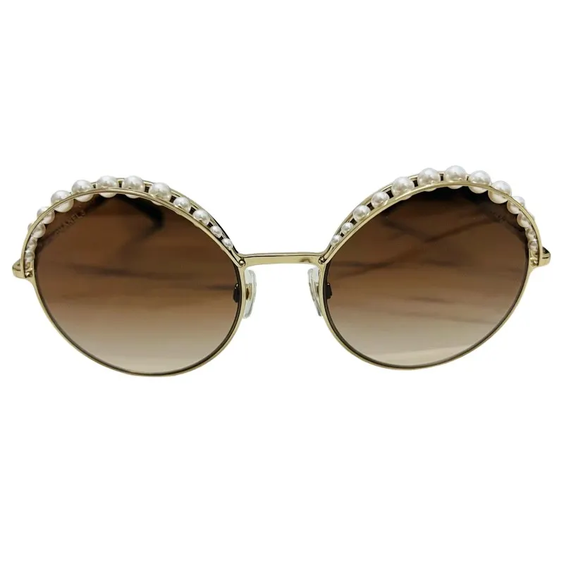 Chanel Pearl Round Sunglasses Gold Stainless steel Polycarbonate Very good - Front View