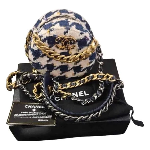 Chanel Tweed 19 Round Bag White Tweed Gold Good - Front View