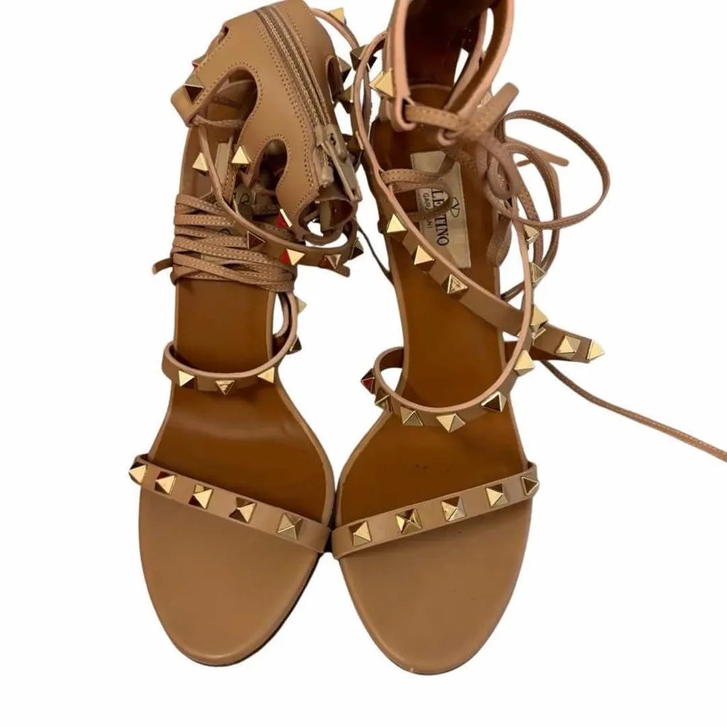 Valentino Rockstud Gladiator Heel Sandals Beige Leather Very good - Front View
