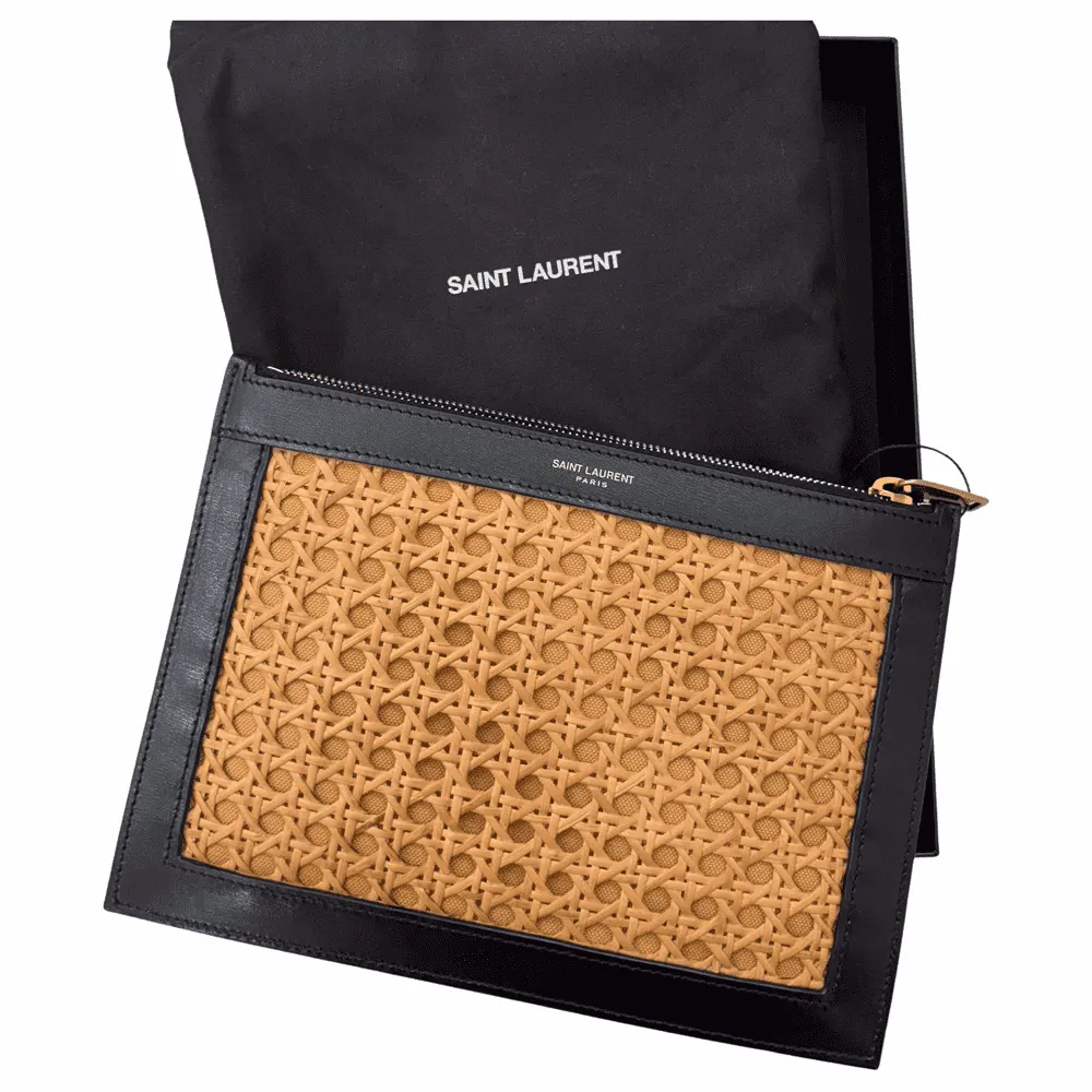 Saint Laurent Raffia Clutch Black Rattan Gold Very good - Front View