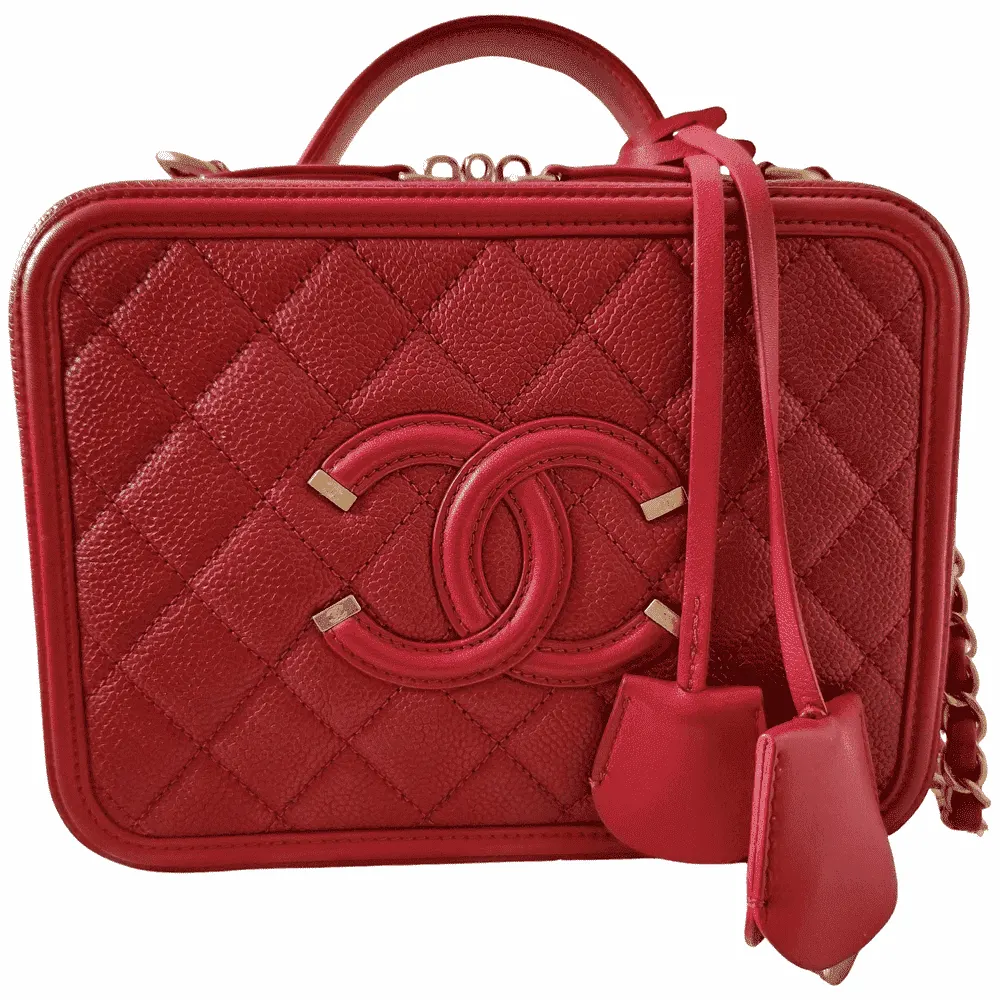 Chanel Filigree Vanity Case Red Leather Gold Very good - Front View