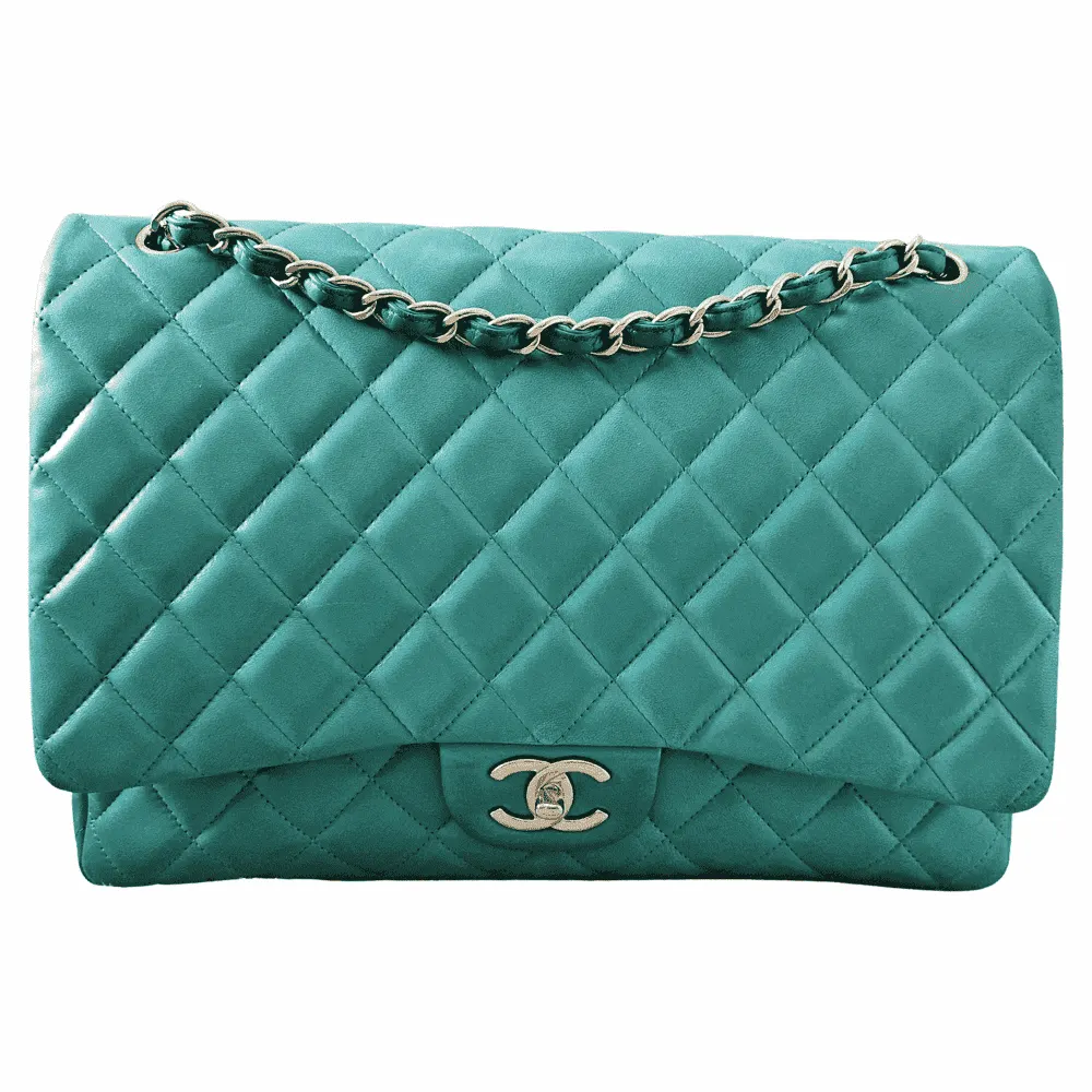 Chanel Maxi Flap Green Leather Gold Good - Front View