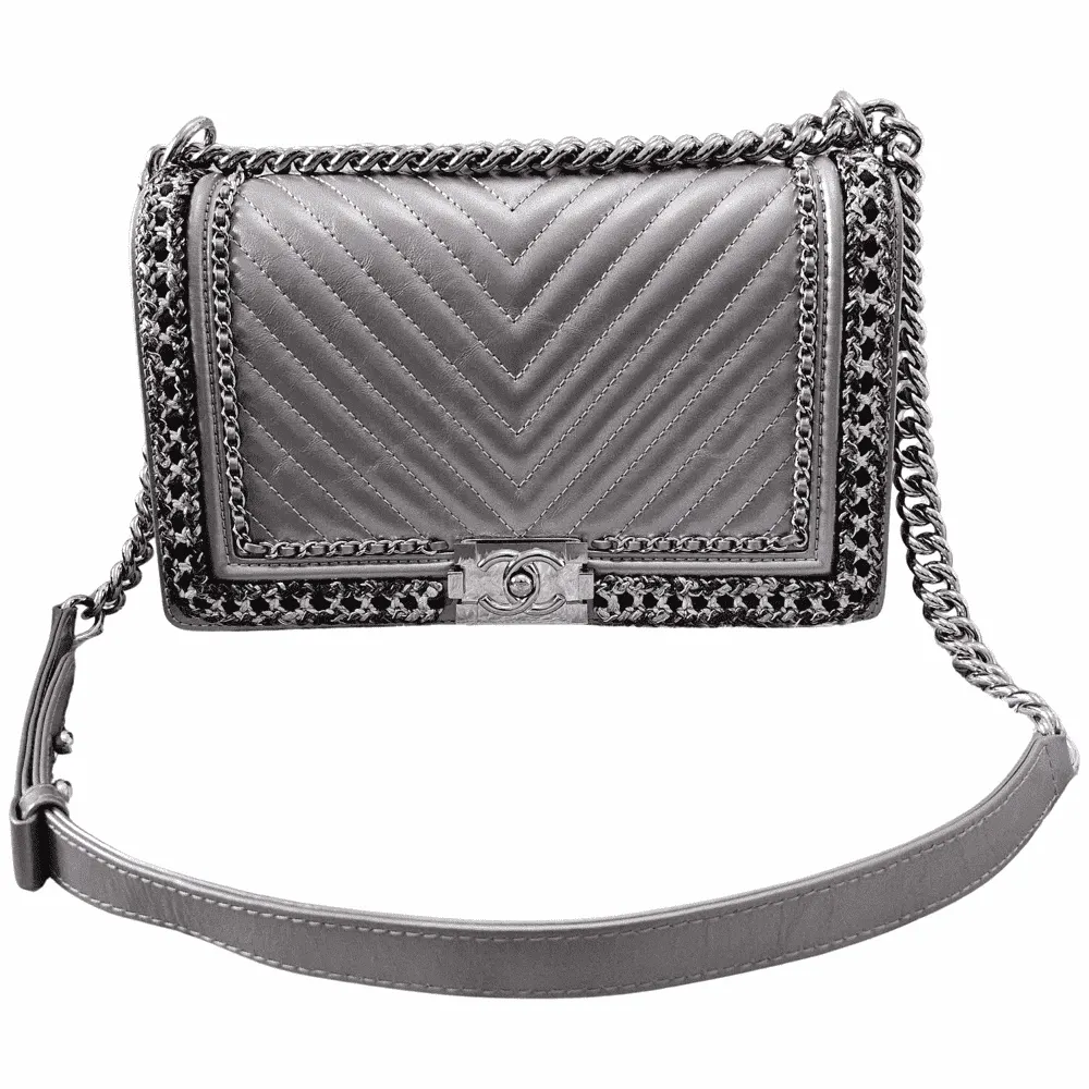 Chanel Boy Silver Leather Silver Good - Front View