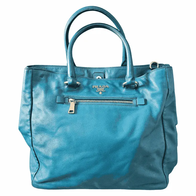 Prada Shopper Tote Blue Leather Gold Good - Front View