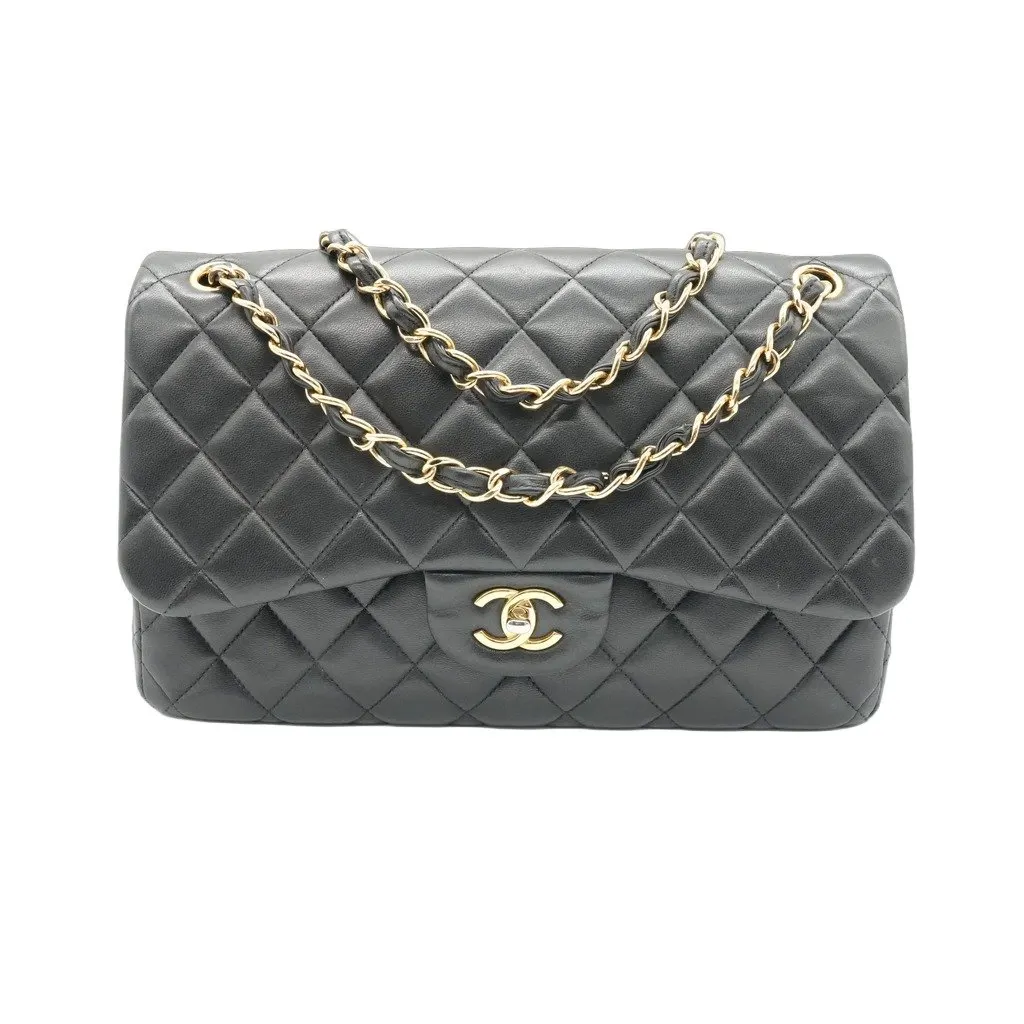Chanel Classic Double Flap 30 Jumbo Lambskin Black Black Leather Fair - Front View