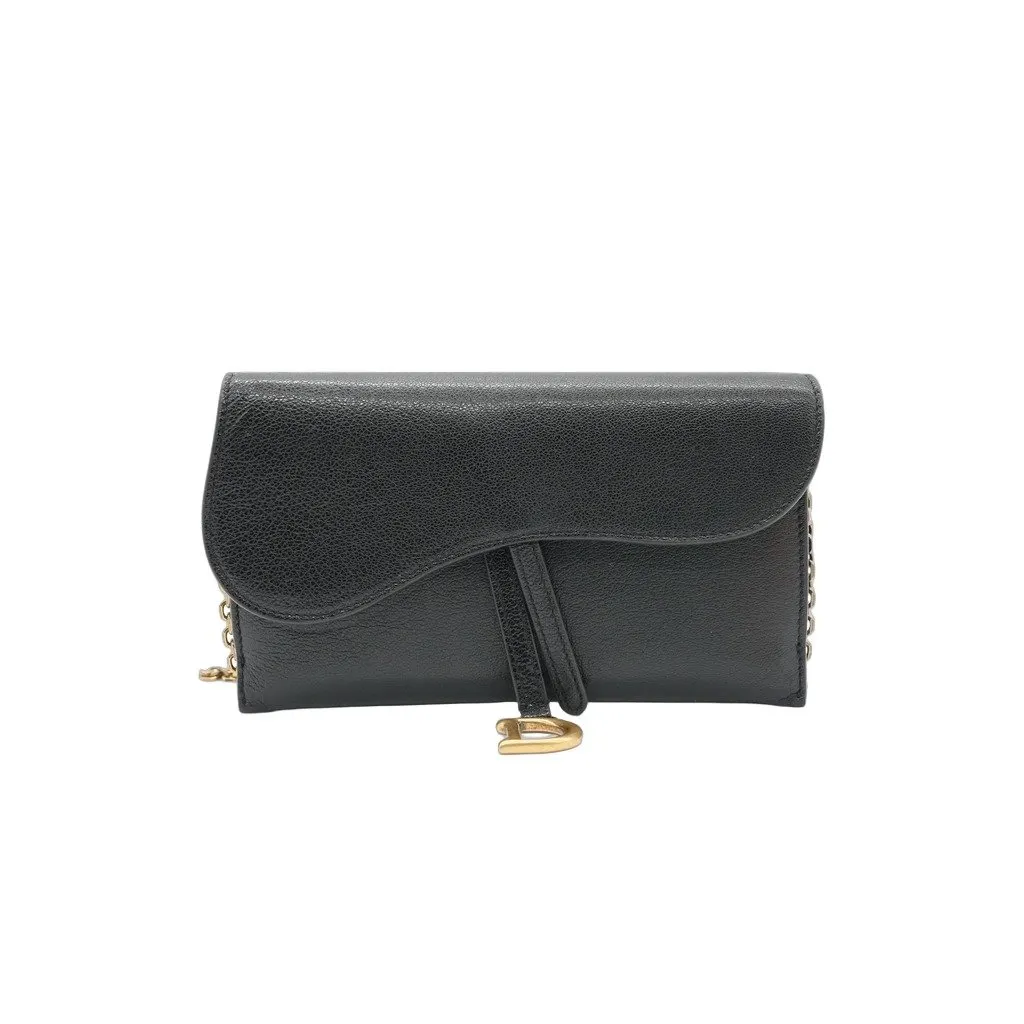 Dior Saddle Wallet with Chain Black Leather Black Leather Good - Front View