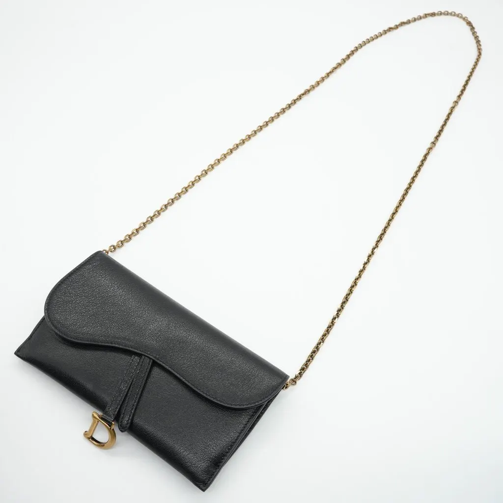 Dior Saddle Wallet with Chain Black Leather Black Leather Good - Inside View