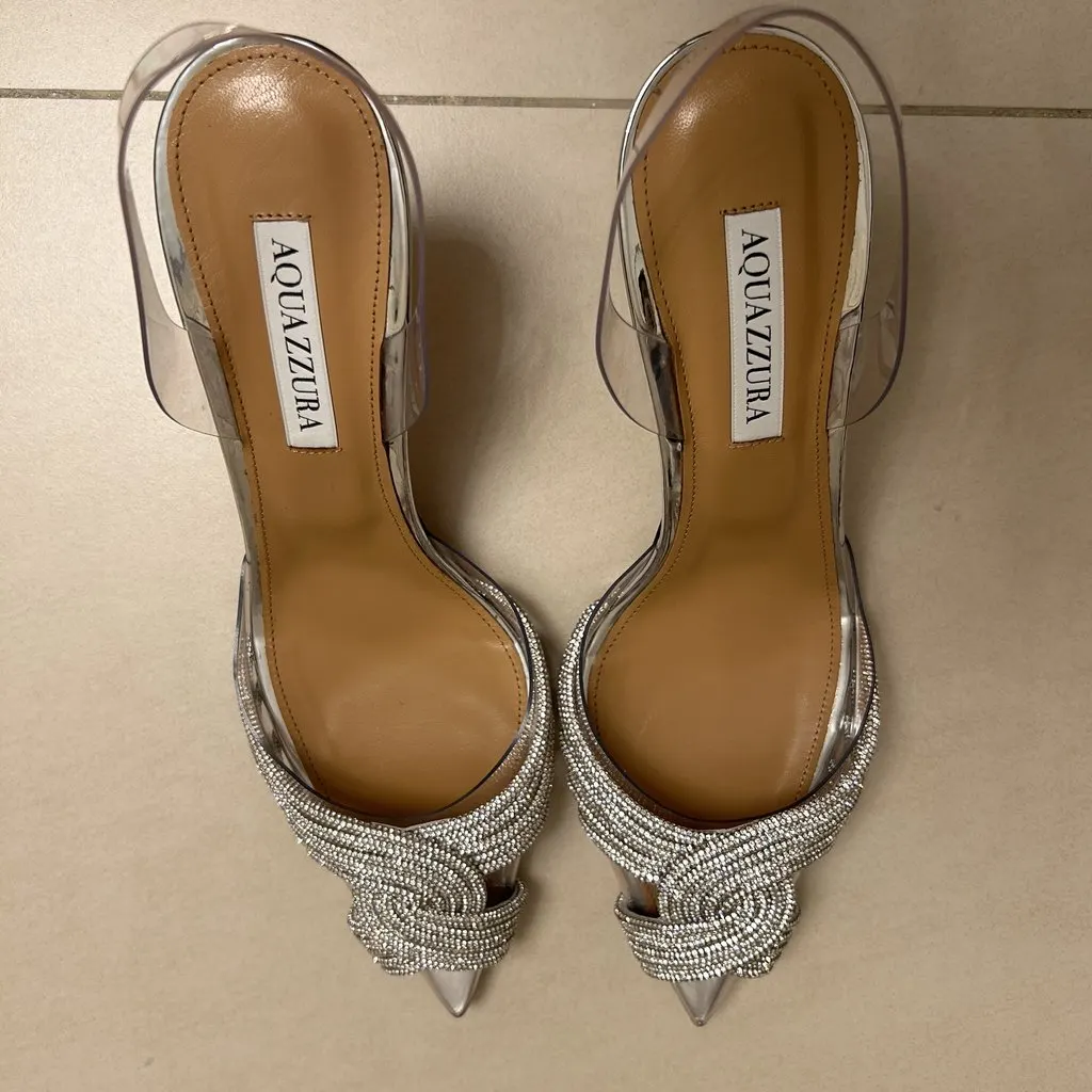 Aquazzura Aquazzura Crystal-Embellished Slingback Heels – Silver, Size 39 Silver Leather Never worn, with tag - Inside View