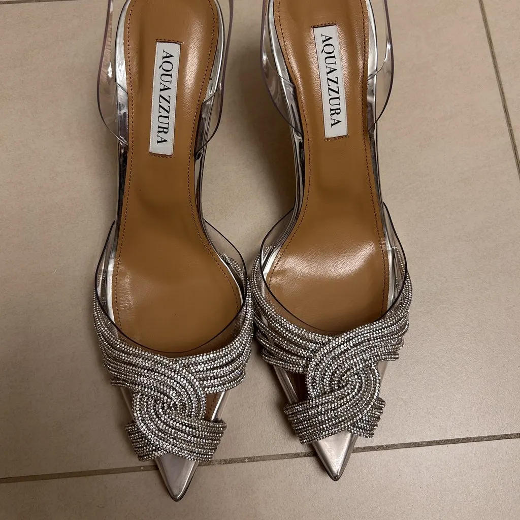 Aquazzura Aquazzura Crystal-Embellished Slingback Heels – Silver, Size 39 Silver Leather Never worn, with tag - Model View
