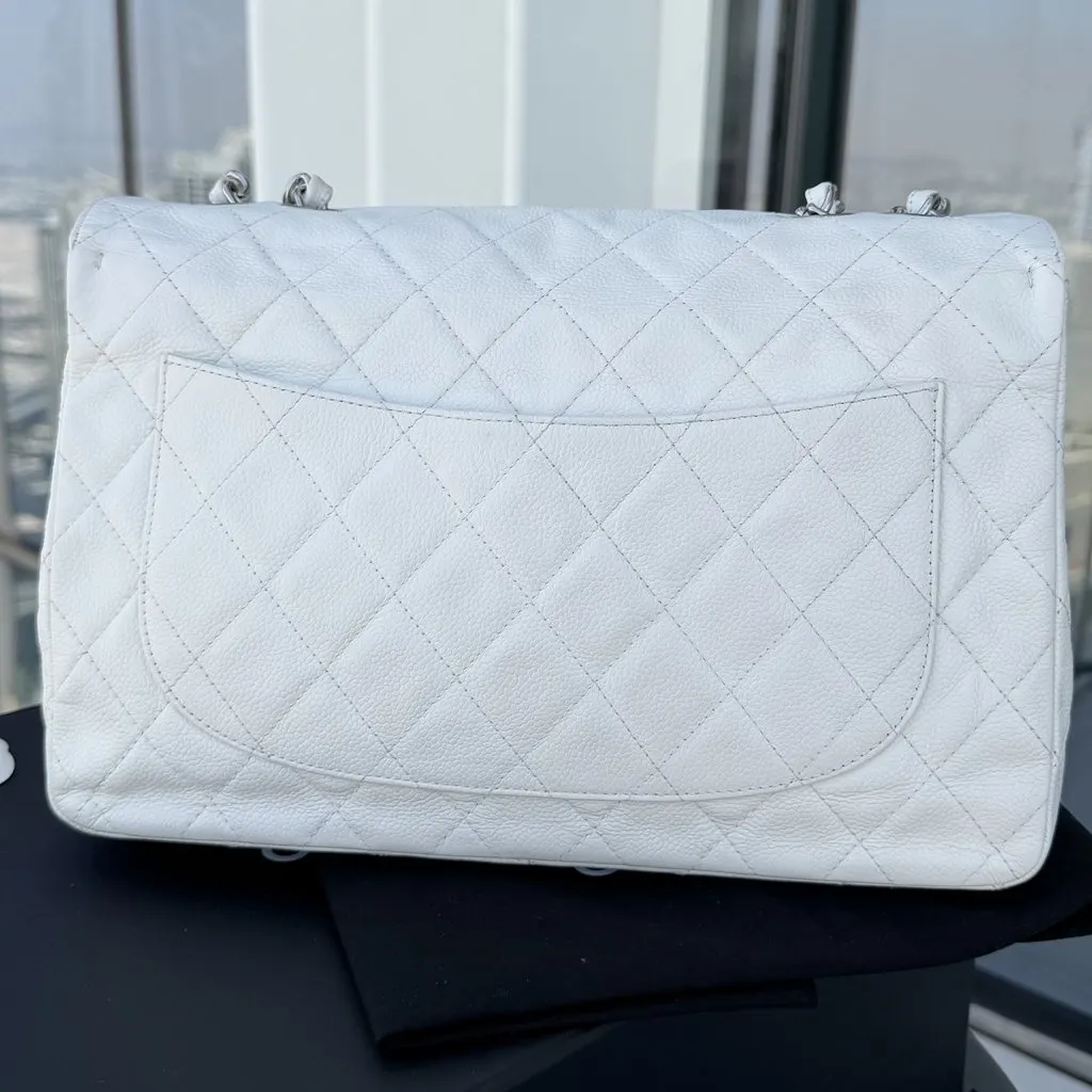 Chanel Jumbo Single Flap Caviar White Leather Good - Back View