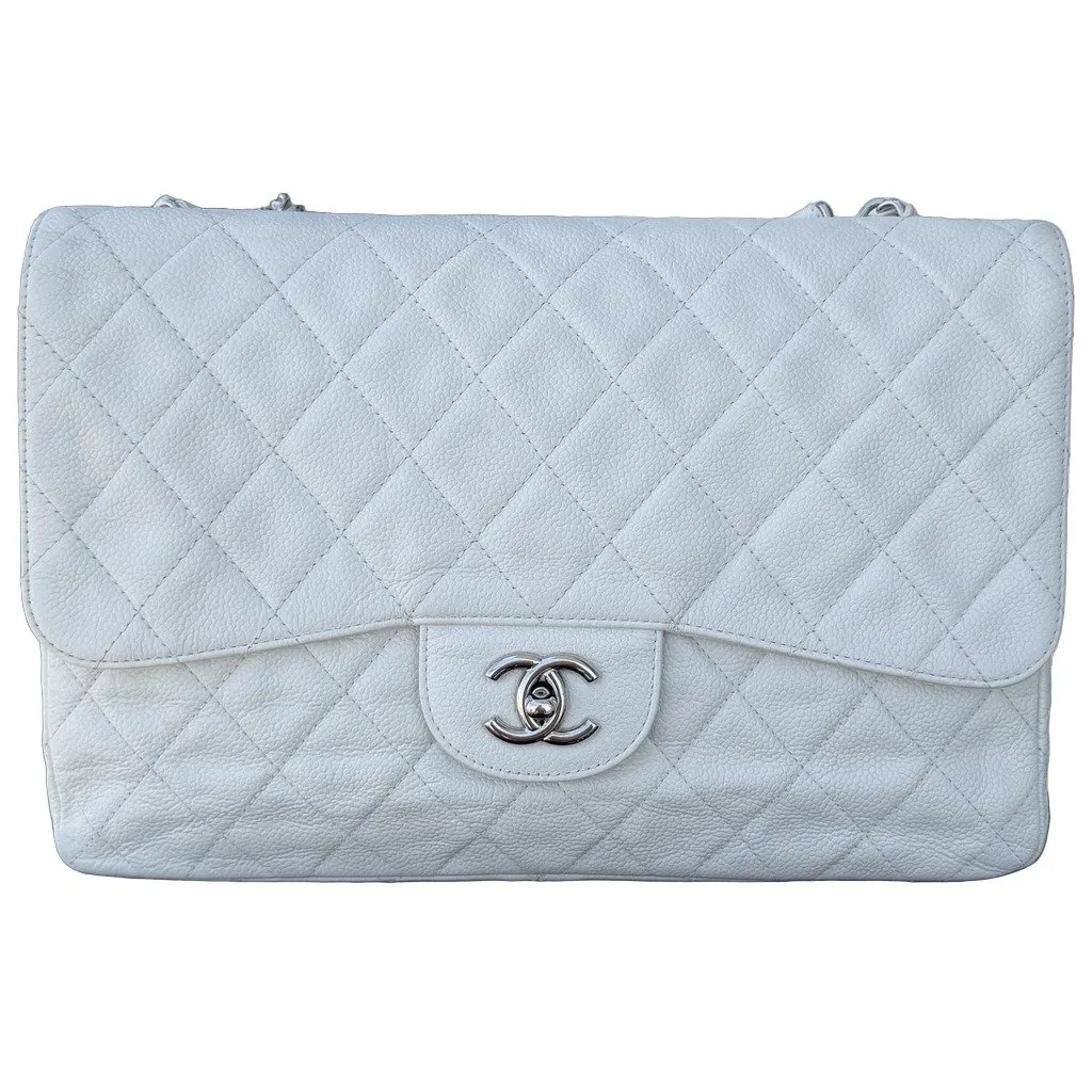 Chanel Jumbo Single Flap Caviar White Leather Good - Front View