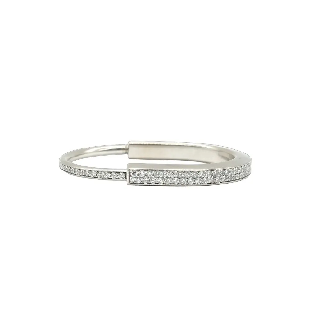 Tiffany & Co Lock Bangle, 18K White Gold, Full Pave Diamonds Medium 42.27g White White Gold Fair - Front View