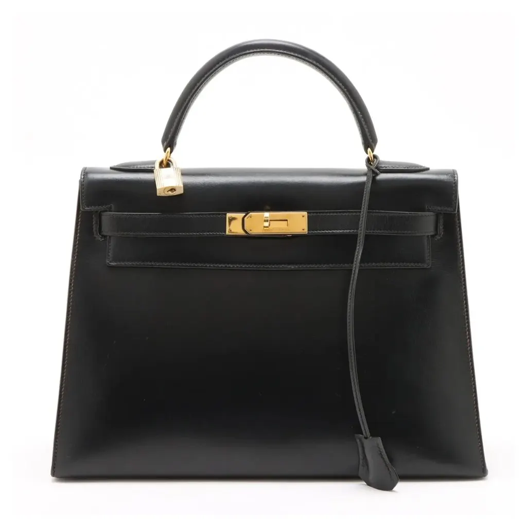 Hermès Kelly 32 Sellier Black Black Leather Good - Front View