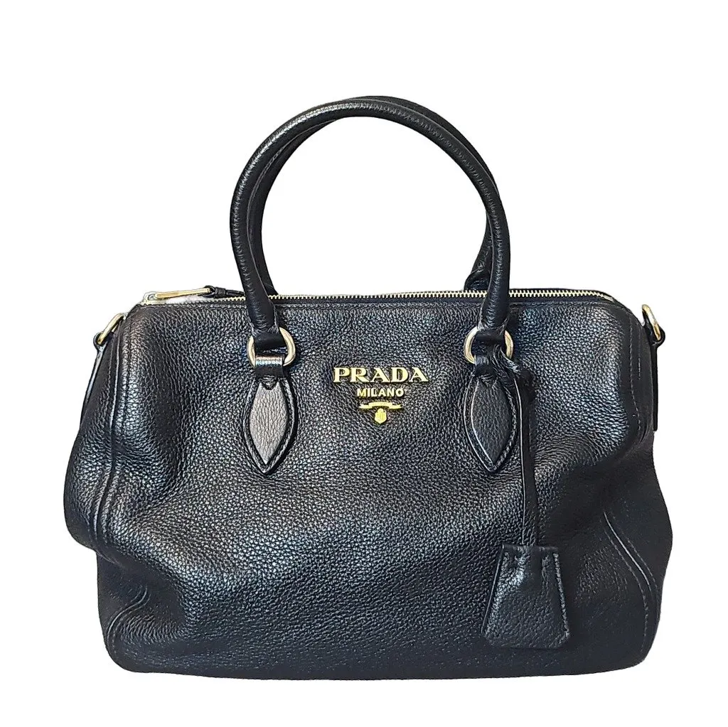 Prada Vitello Phenix Bauletto Bag Black Leather Very good - Front View