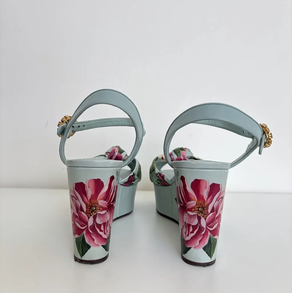 Dolce & Gabbana Dolce&Gabbana Floral Leather Wedge Sandals Blue Leather Very good - Back View