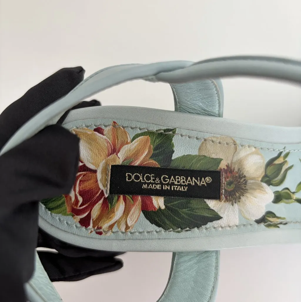 Dolce & Gabbana Dolce&Gabbana Floral Leather Wedge Sandals Blue Leather Very good - Box View