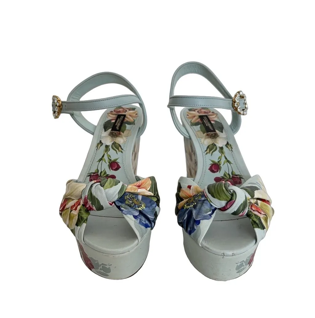Dolce & Gabbana Dolce&Gabbana Floral Leather Wedge Sandals Blue Leather Very good - Front View