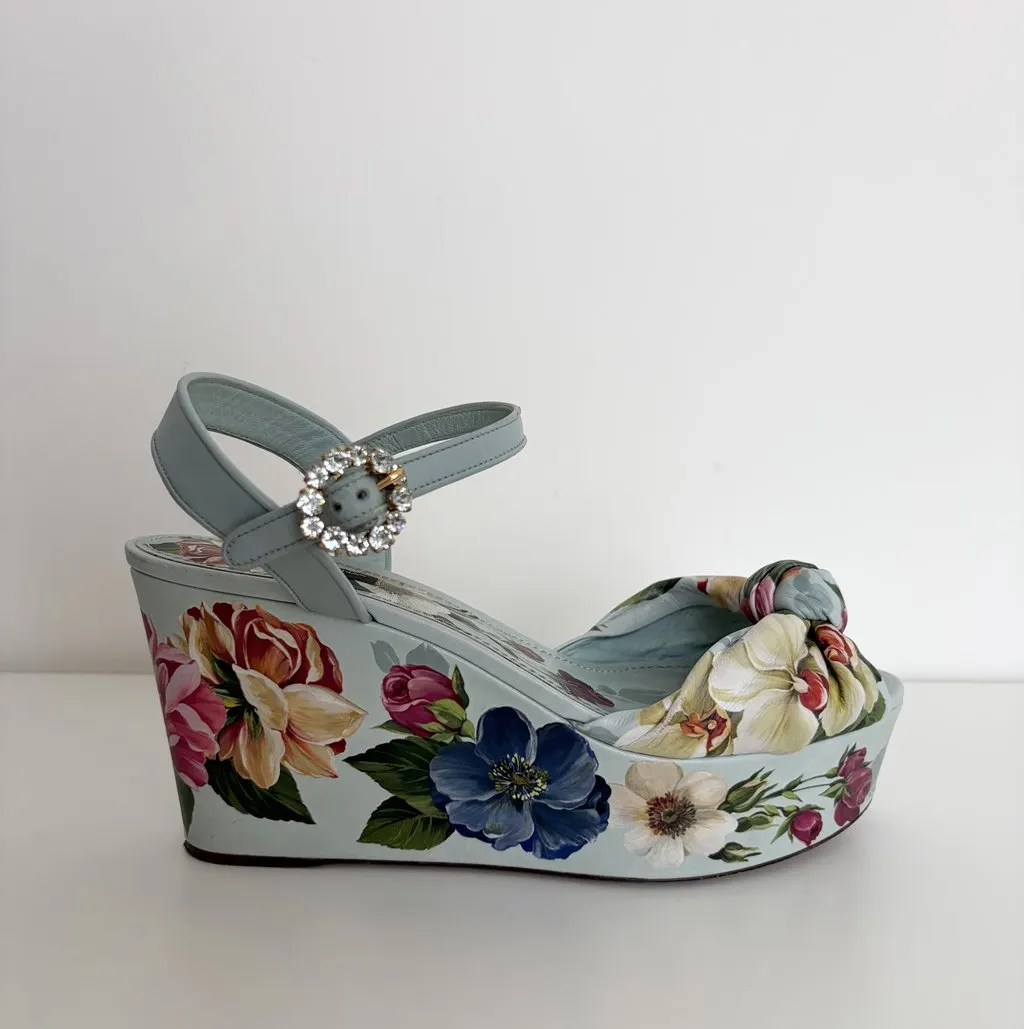 Dolce & Gabbana Dolce&Gabbana Floral Leather Wedge Sandals Blue Leather Very good - Inside View