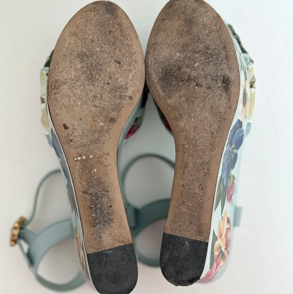 Dolce & Gabbana Dolce&Gabbana Floral Leather Wedge Sandals Blue Leather Very good - Model View
