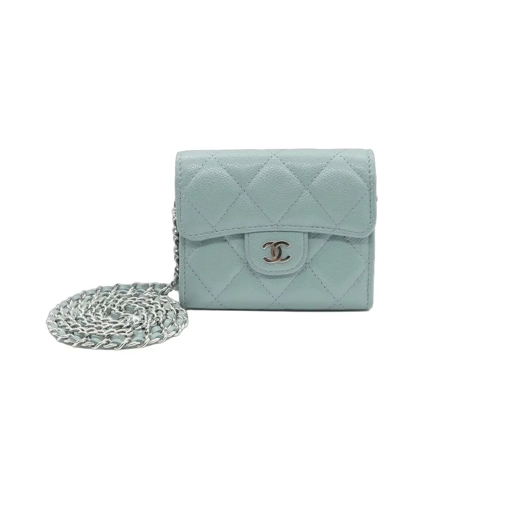 Chanel Card Holder On Chain Light Blue Leather