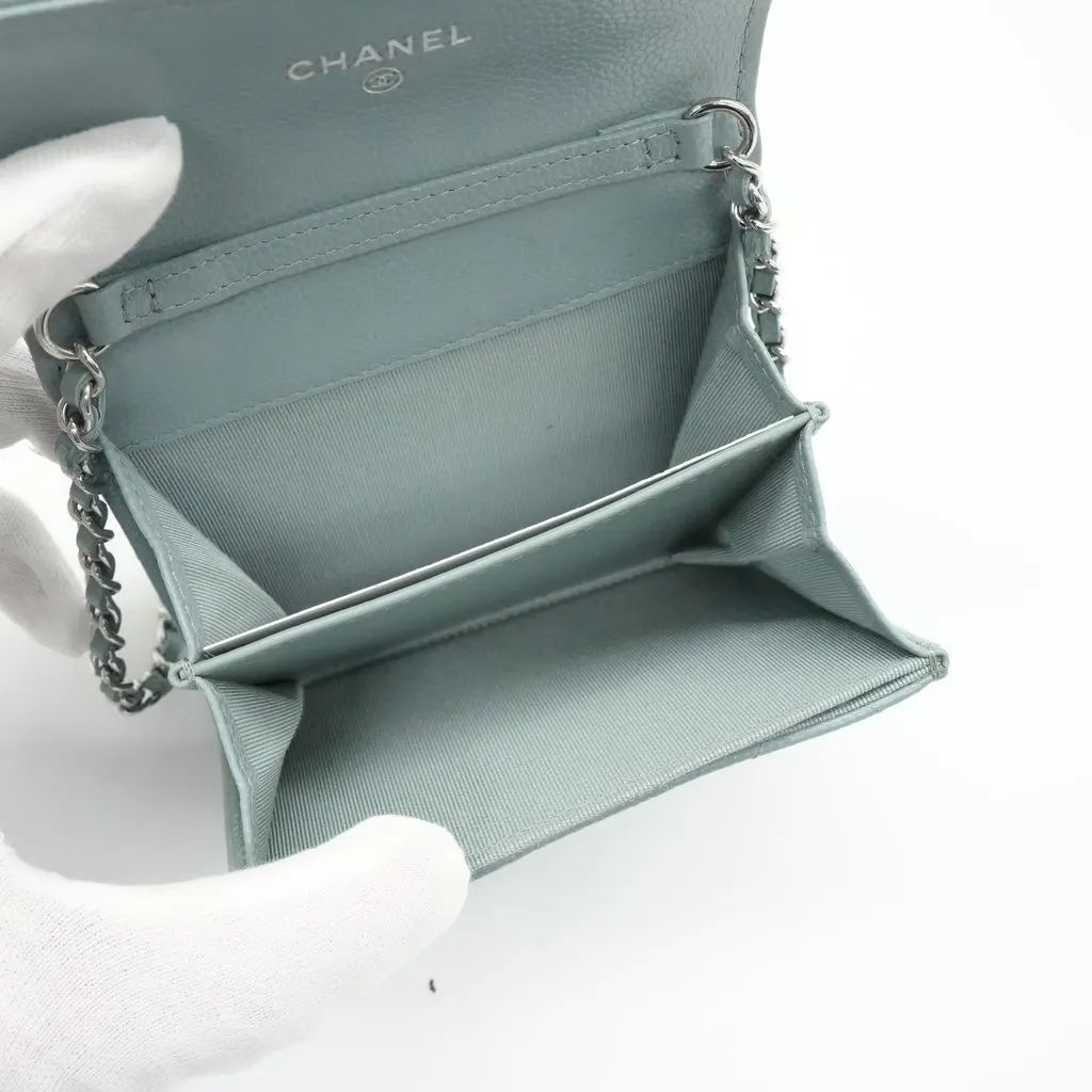 Chanel Card Holder On Chain Light Blue Leather Blue Leather Very good - Model View