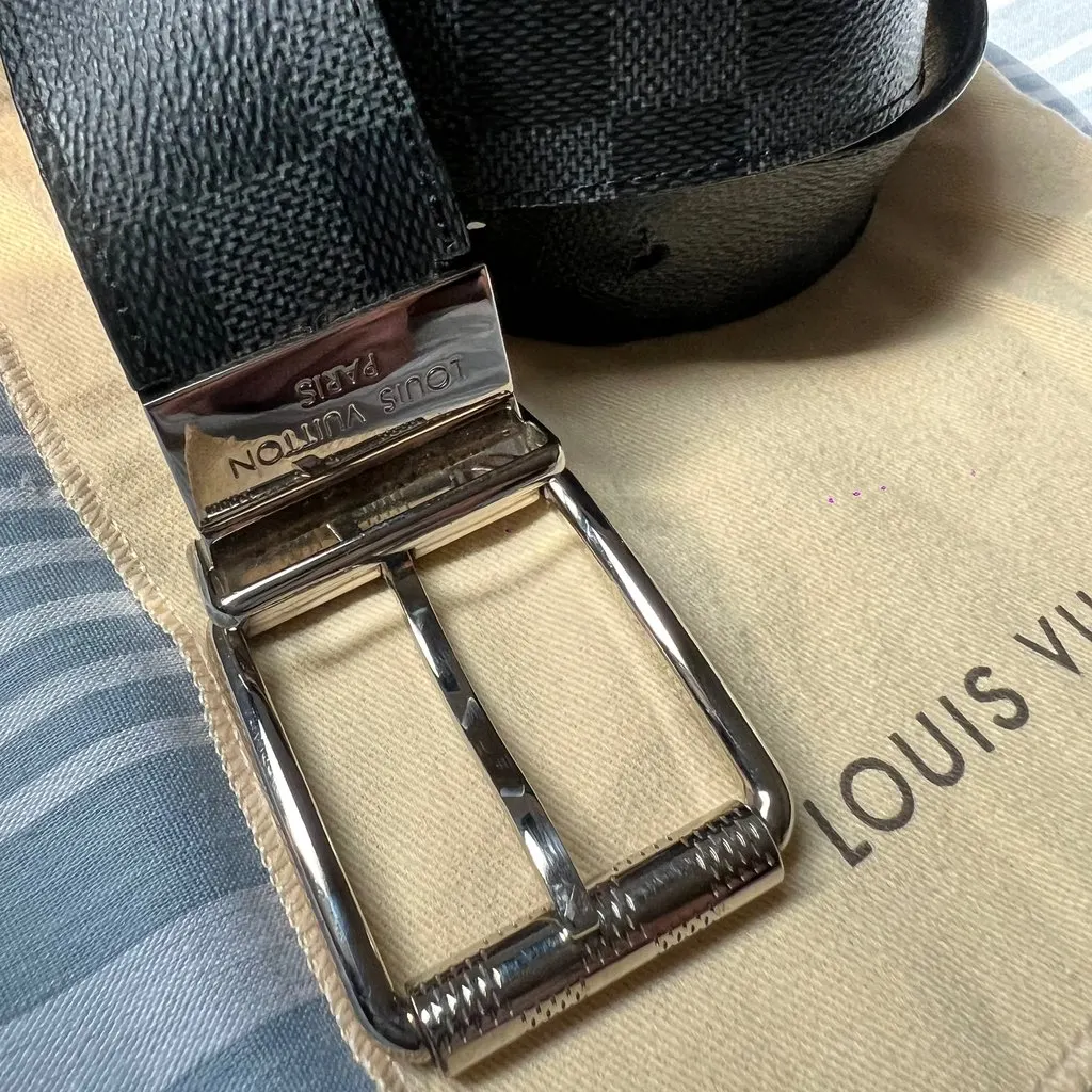Louis Vuitton Damier Graphite canvas belt silver-tone metal pin buckle Black Leather Good - Back View