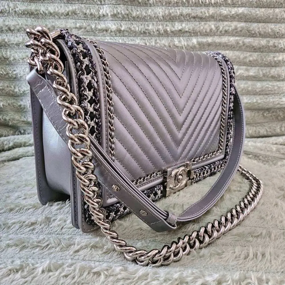 Chanel Boy Silver Leather Silver Good - Back View