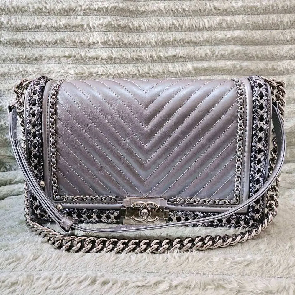 Chanel Boy Silver Leather Silver Good - Model View