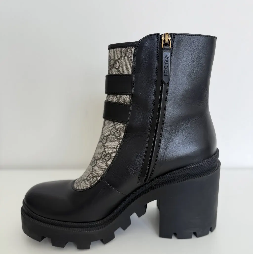 Gucci GG Supreme Trip Buckle Ankle Boots Black Leather Very good - Box View