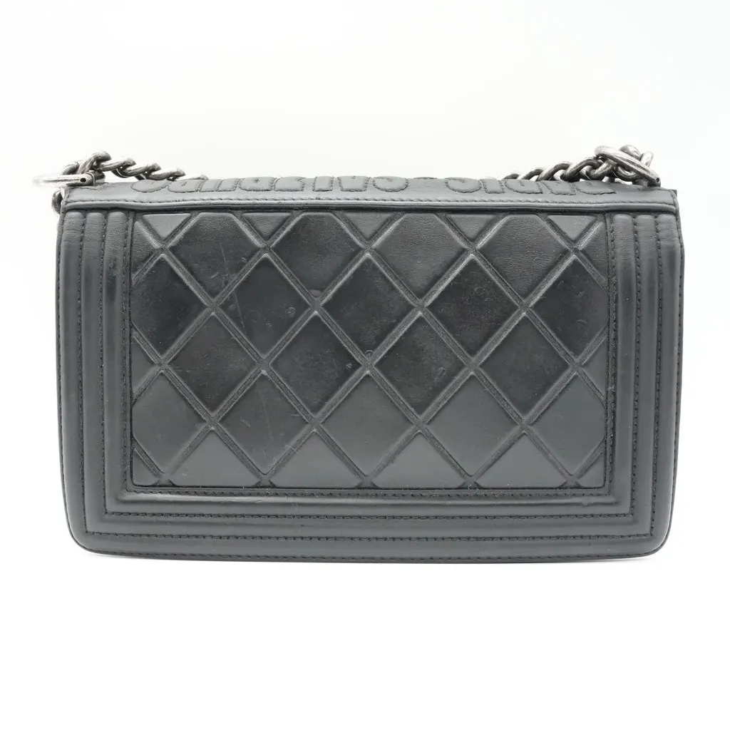 Chanel Paris-Salzburg Boy Embossed Calfskin Ruthenium Shoulder Bag Black Black Leather Fair - Back View