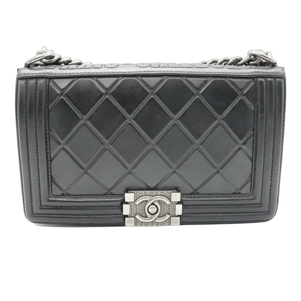 Chanel Paris-Salzburg Boy Embossed Calfskin Ruthenium Shoulder Bag Black Black Leather Fair - Front View