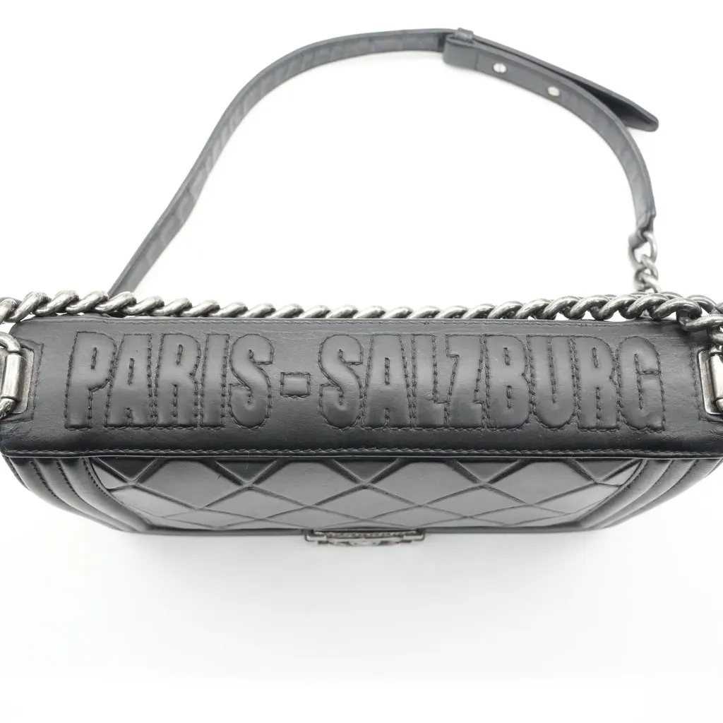 Chanel Paris-Salzburg Boy Embossed Calfskin Ruthenium Shoulder Bag Black Black Leather Fair - Box View