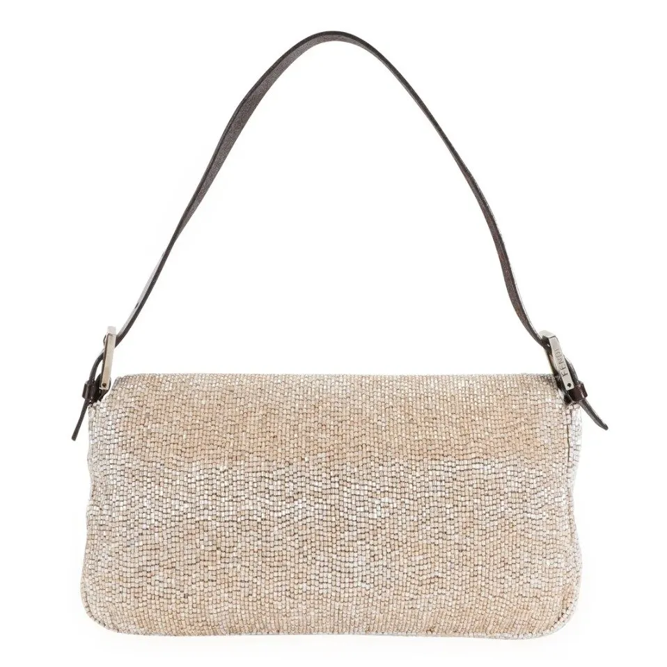 Fendi Beaded Baguette Beige and Brown Beaded Leather SHW Beige Leather Good - Back View