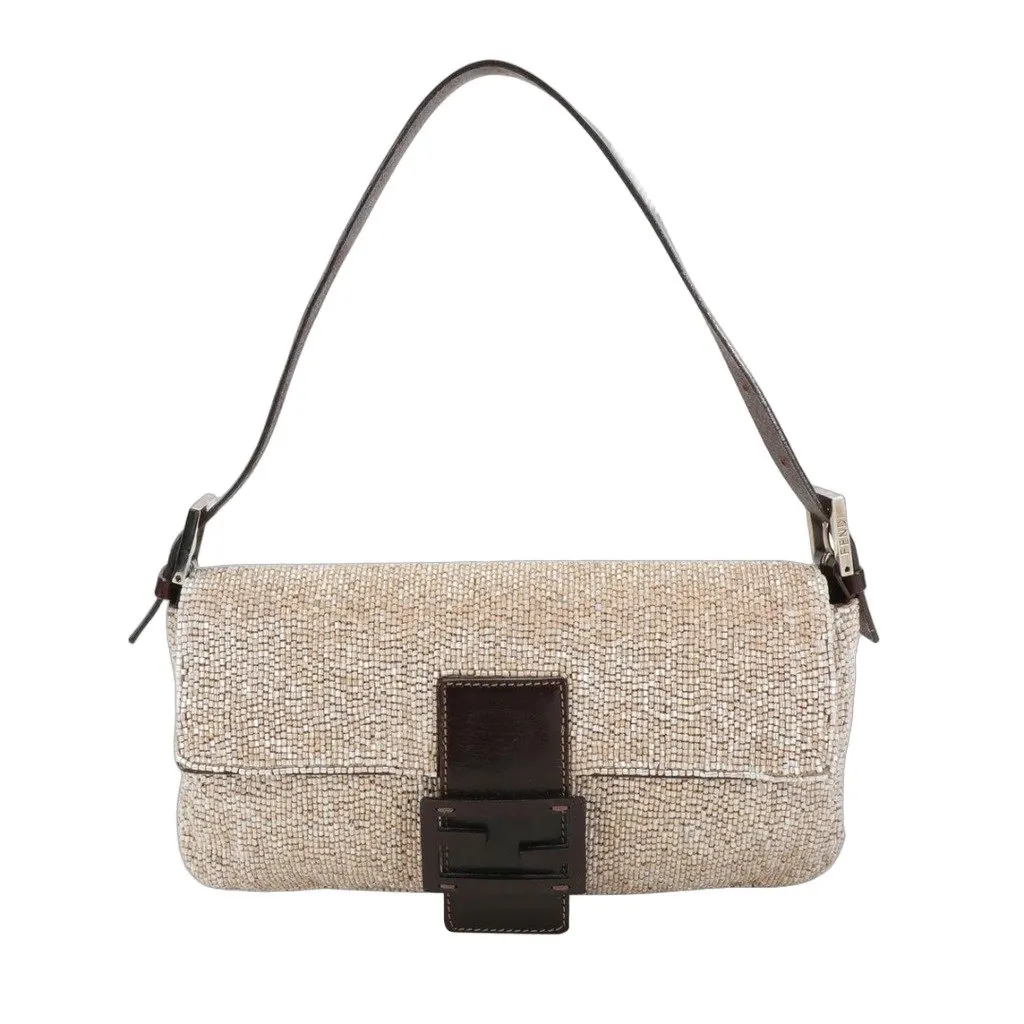 Fendi Beaded Baguette Beige and Brown Beaded Leather SHW