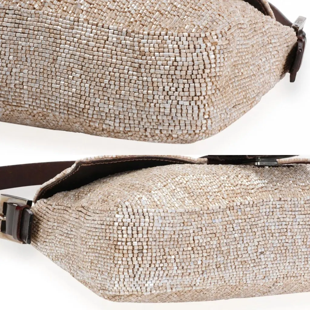 Fendi Beaded Baguette Beige and Brown Beaded Leather SHW Beige Leather Good - Inside View