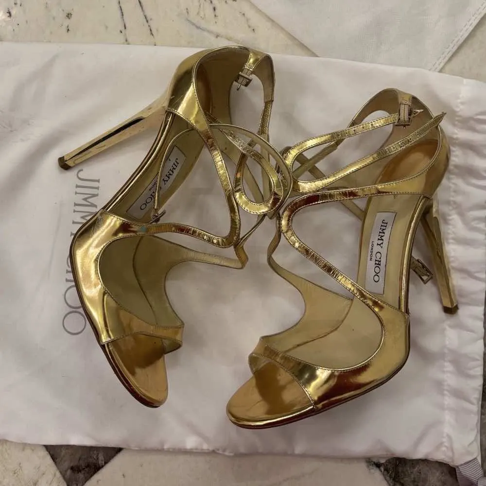 Jimmy Choo Lang Heel Sandals Gold Leather Good - Inside View