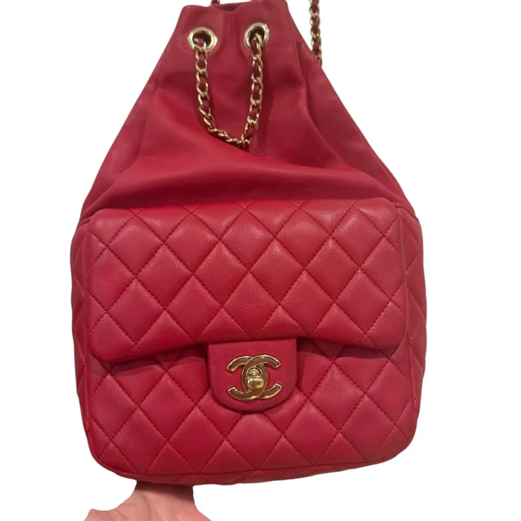 Chanel Chanel Backpack Red Leather Good - Model View