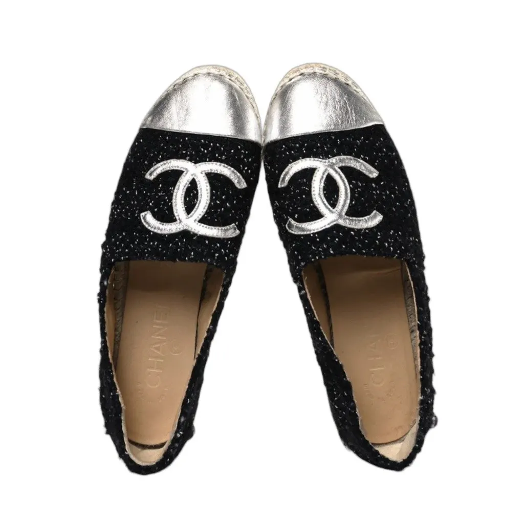 Chanel Chanel Metallic Lambskin Tweed CC Espadrilles 38 Black Silver