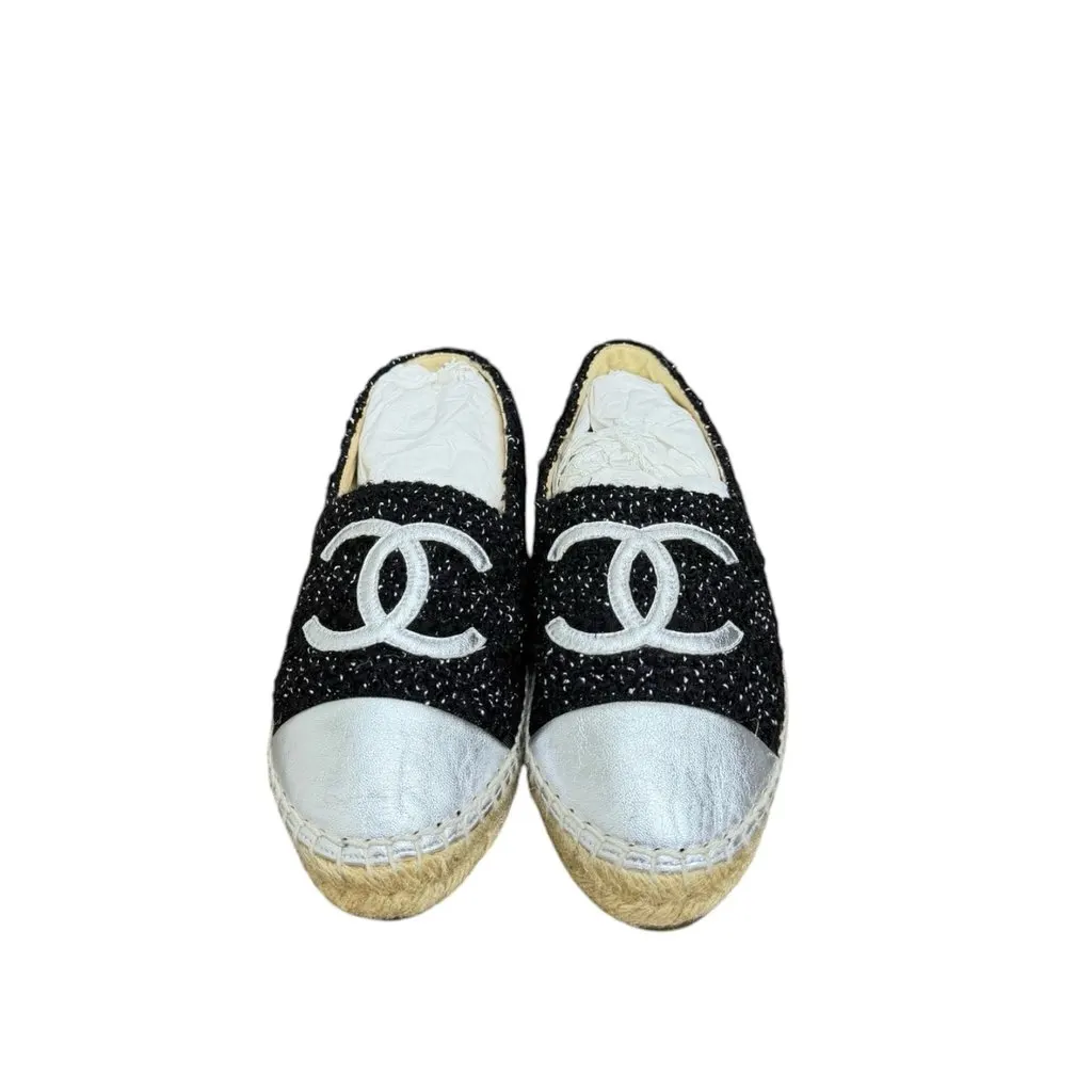 Chanel Chanel Metallic Lambskin Tweed CC Espadrilles 38 Black Silver Black Tweed Good - Inside View