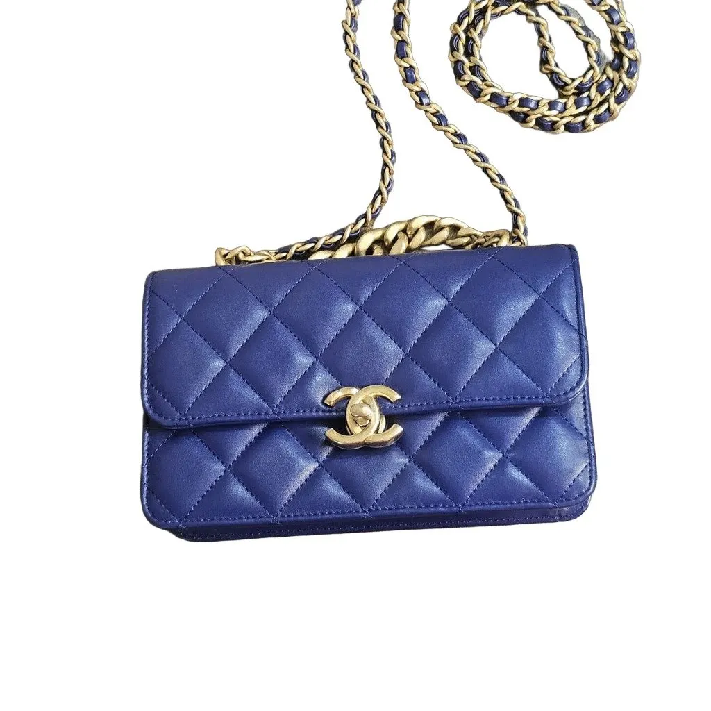 Chanel MINI DUAL HANDLE Blue Leather Good - Front View