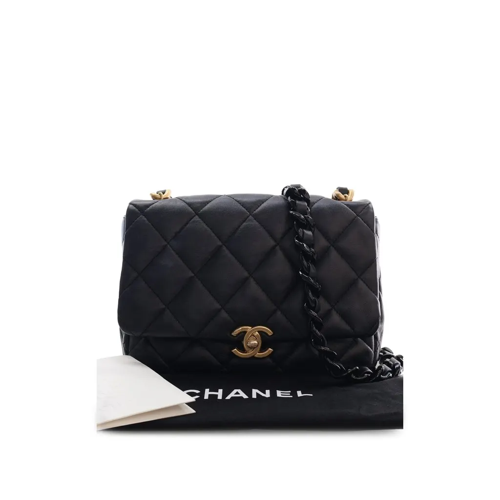 Chanel Small Quilted Lambskin Lacquered Chain Flap Black Leather Very good - Box View