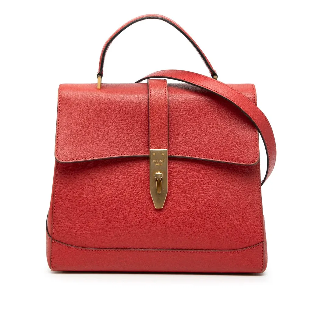 Celine Leather 16 Turn Lock Top Handle Bag Red Leather Very good - Front View