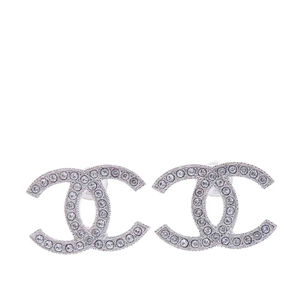 Chanel Silver Rhinestones CC Push Back Earrings Silver Metal Good - Front View