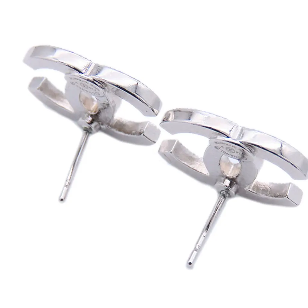 Chanel Silver Rhinestones CC Push Back Earrings Silver Metal Good - Inside View