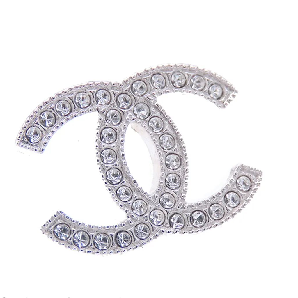 Chanel Silver Rhinestones CC Push Back Earrings Silver Metal Good - Model View