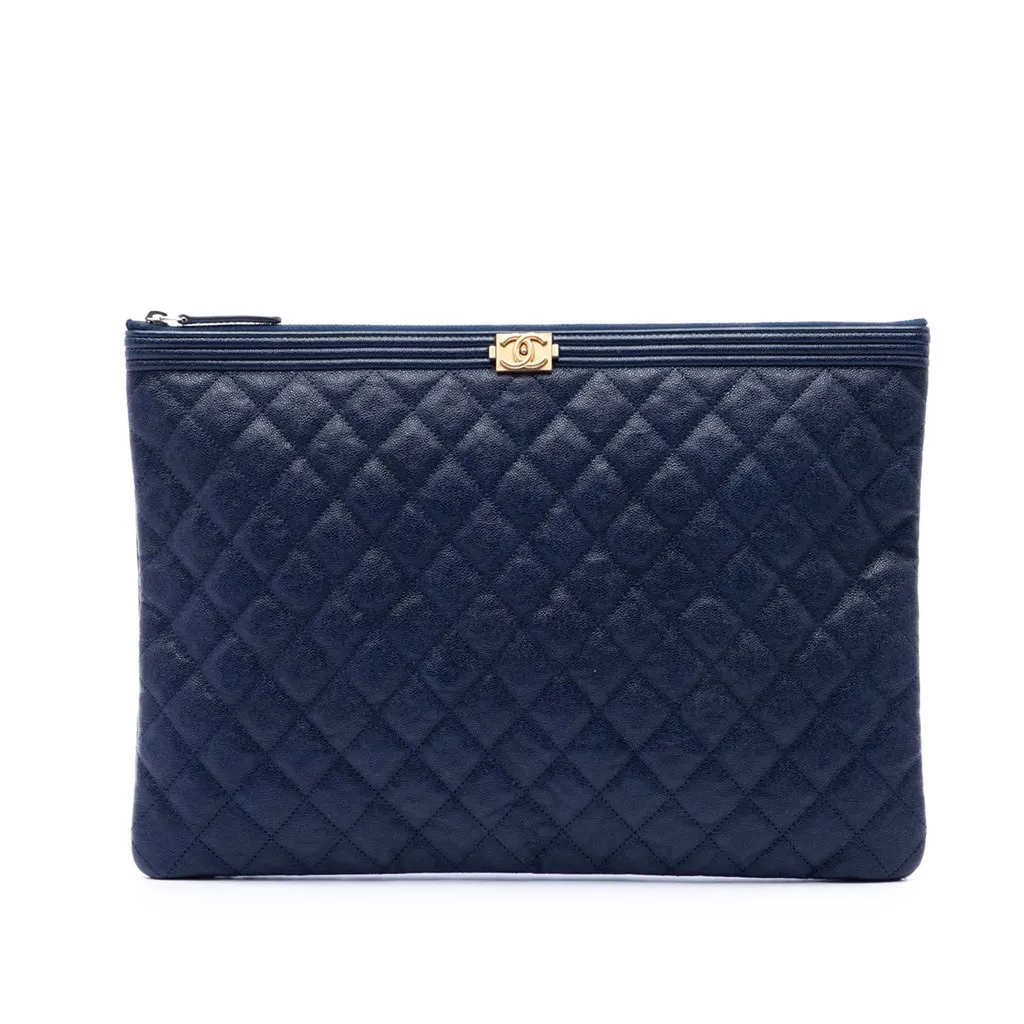 Chanel Large Quilted Caviar Boy O Case Clutch Blue Leather Very good - Front View
