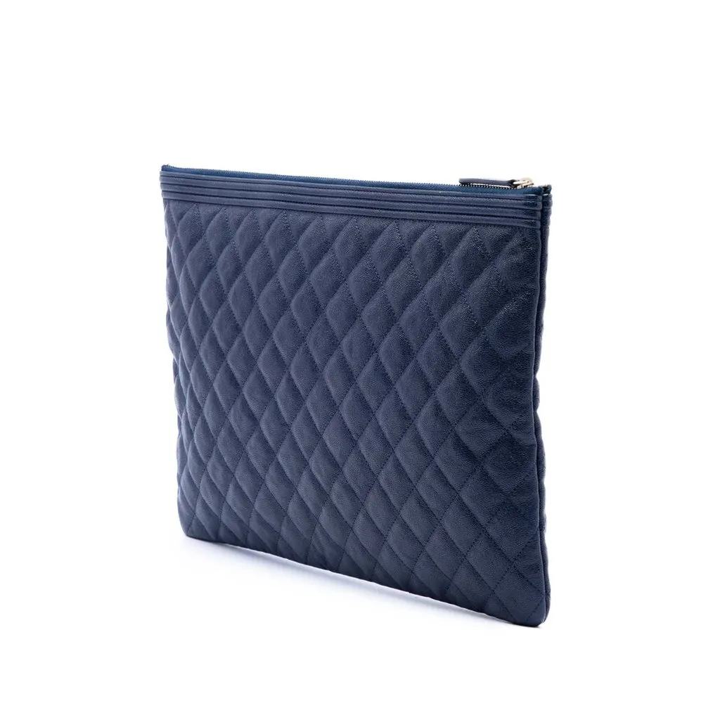 Chanel Large Quilted Caviar Boy O Case Clutch Blue Leather Very good - Back View