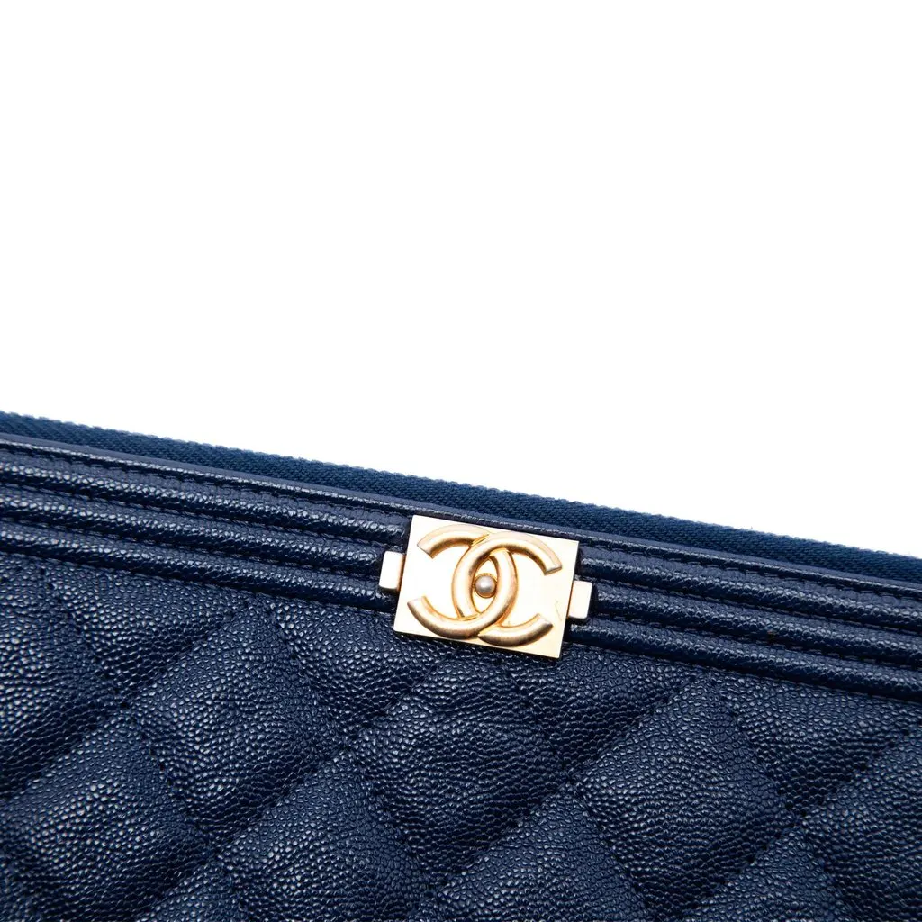 Chanel Large Quilted Caviar Boy O Case Clutch Blue Leather Very good - Box View